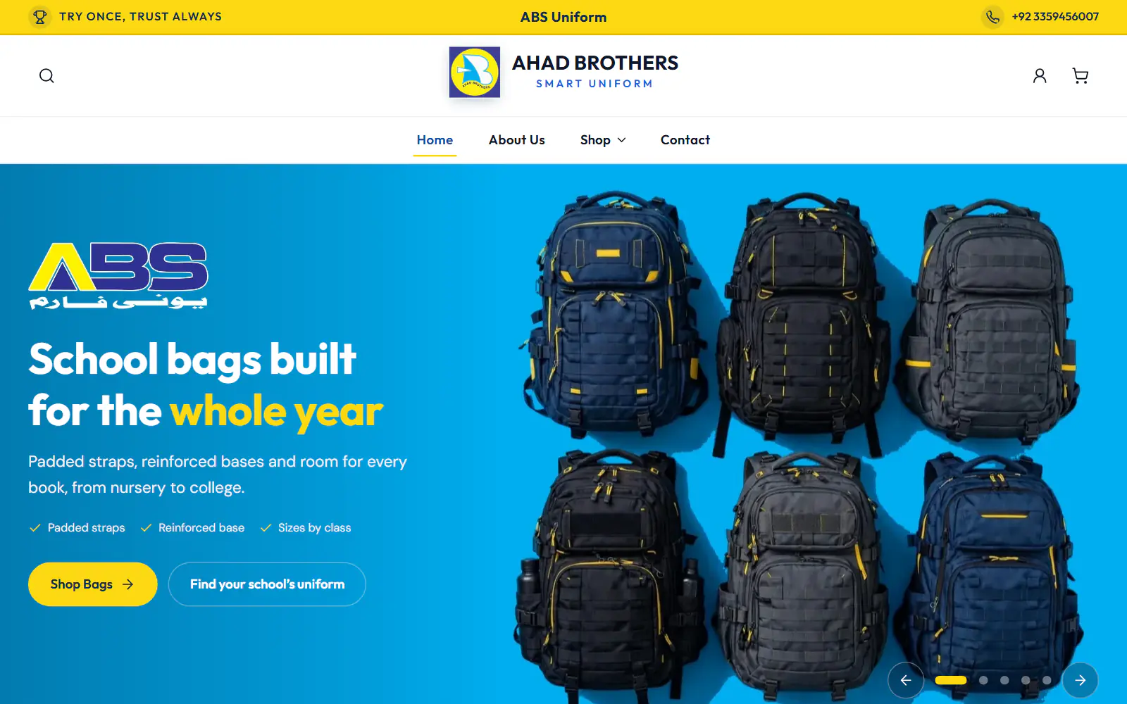 The store homepage with a school bags banner under the Ahad Brothers header