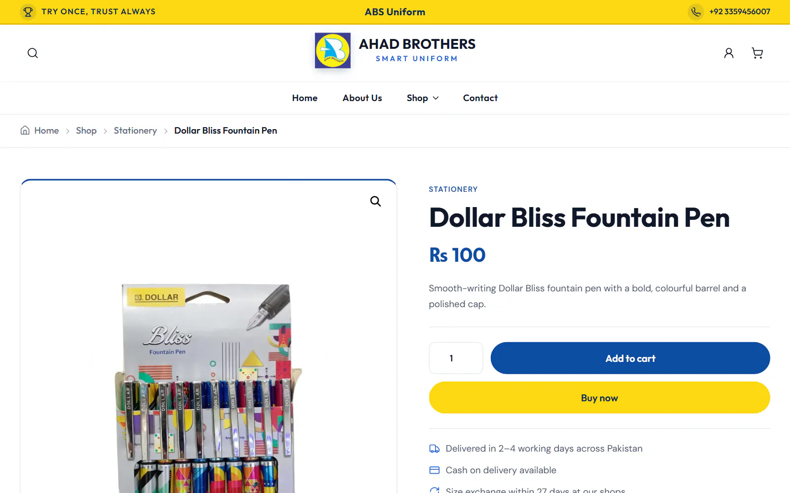 A fountain pen product page with price, add to cart, buy now and delivery notes