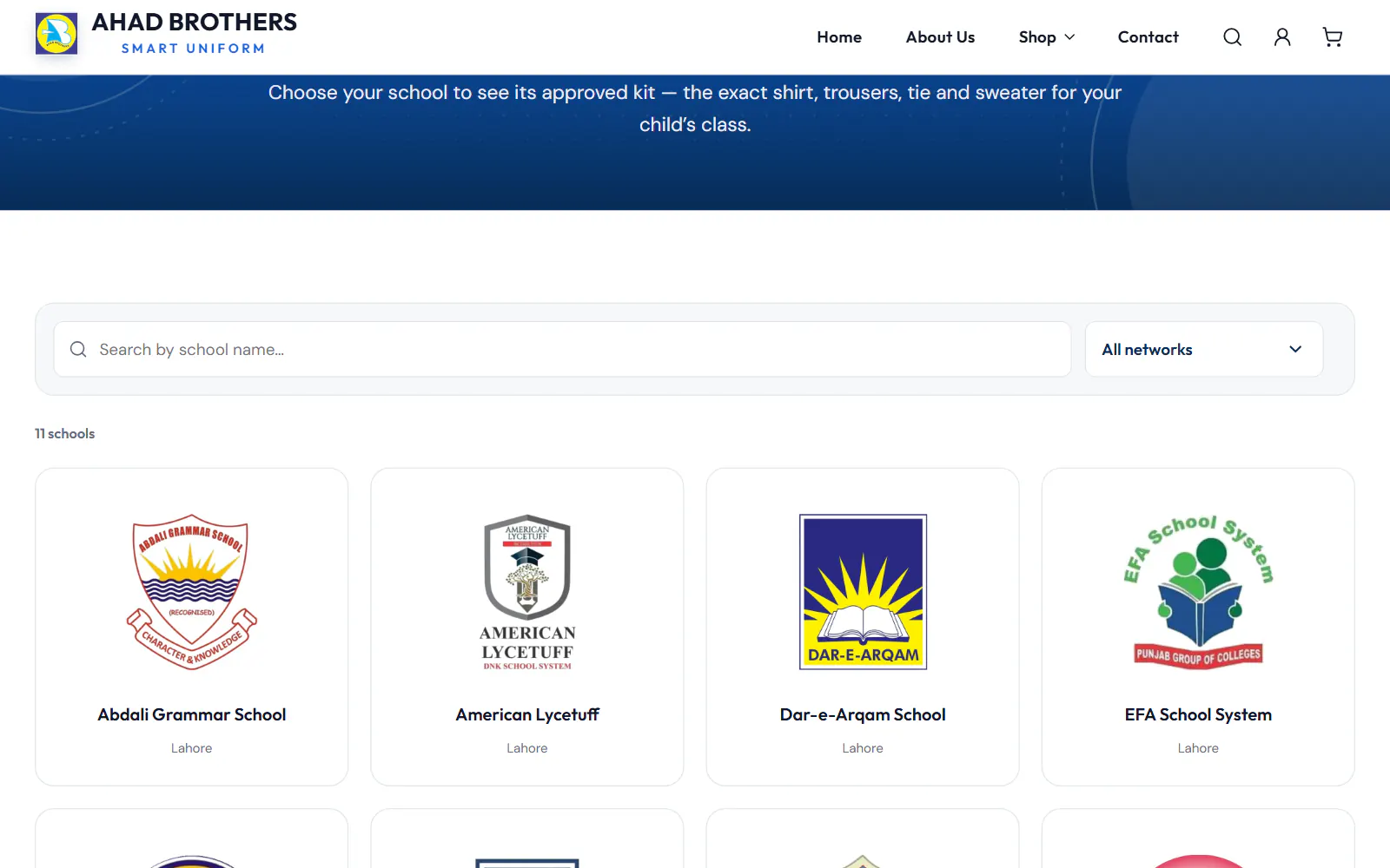 The school search with a grid of partner school logos