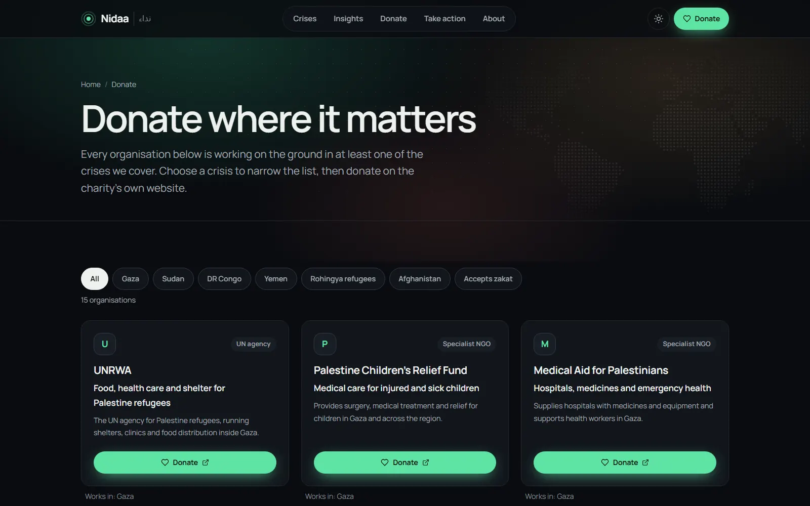 The donate page with crisis filters