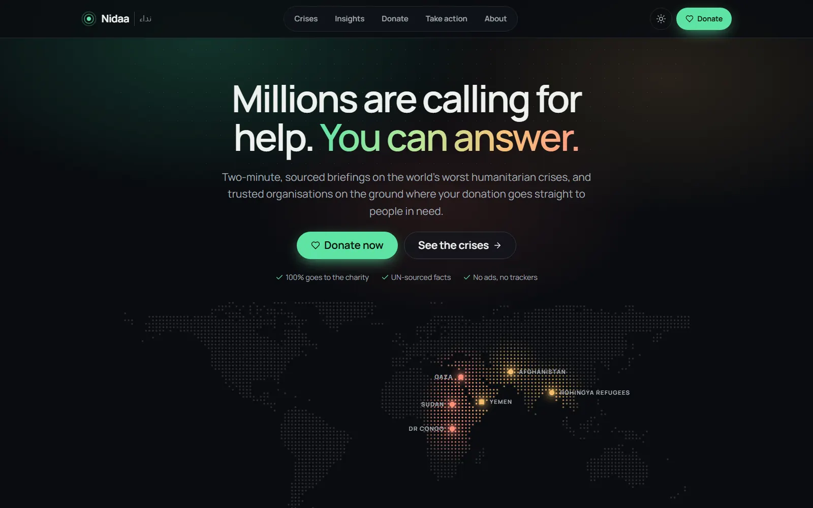The Nidaa home page with its dotted world map
